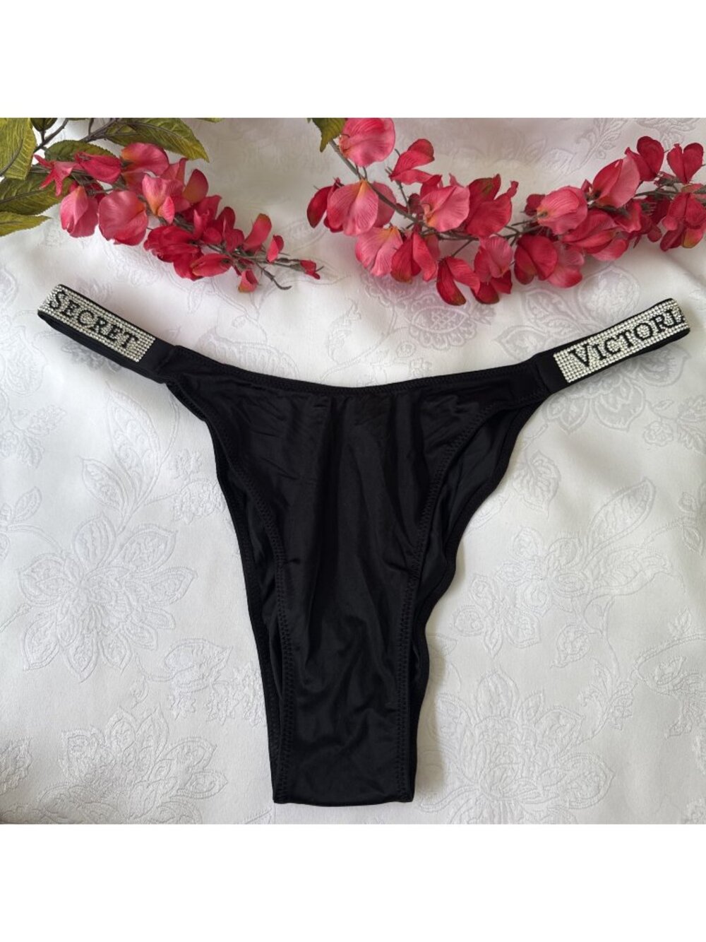 VICTORIA'S SECRET S BLACK SILKY RHINESTONE BLING STRAPPY BRAZILIAN PANTIES NWT